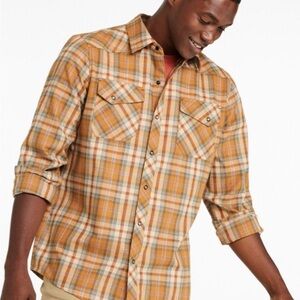 Men's Plaid Shirt in Navy orange cream cotton large NWOT OUTDOORS Gorpcore hike